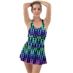 Rainbow Skull Checkerboard Ruffle Top Dress Swimsuit