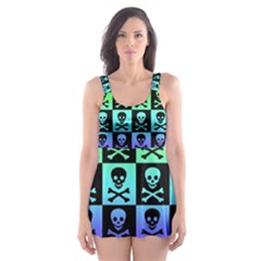 Rainbow Skull Checkerboard Skater Dress Swimsuit from ArtsNow.com