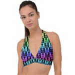 Rainbow Skull Checkerboard Halter Plunge Bikini Top