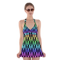 Rainbow Skull Checkerboard Halter Dress Swimsuit  from ArtsNow.com