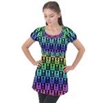 Rainbow Skull Checkerboard Puff Sleeve Tunic Top