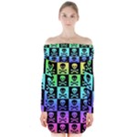 Rainbow Skull Checkerboard Long Sleeve Off Shoulder Dress