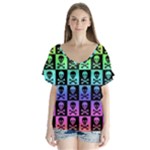 Rainbow Skull Checkerboard V-Neck Flutter Sleeve Top