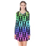 Rainbow Skull Checkerboard Long Sleeve V-neck Flare Dress