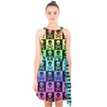 Rainbow Skull Checkerboard Halter Collar Waist Tie Chiffon Dress