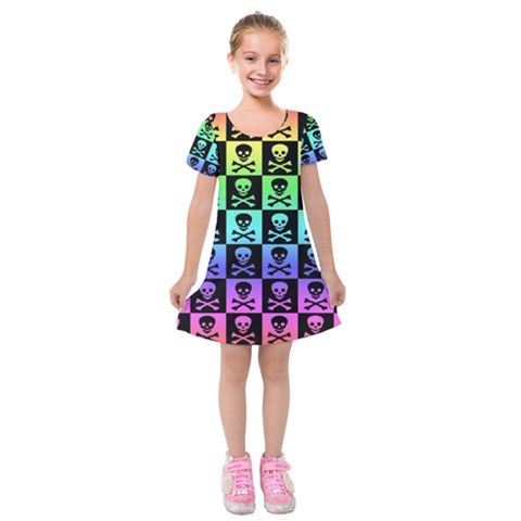 Rainbow Skull Checkerboard Kids  Short Sleeve Velvet Dress from ArtsNow.com