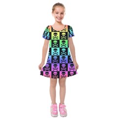 Rainbow Skull Checkerboard Kids  Short Sleeve Velvet Dress from ArtsNow.com
