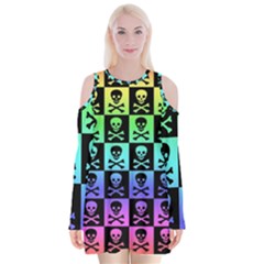 Rainbow Skull Checkerboard Velvet Long Sleeve Shoulder Cutout Dress from ArtsNow.com