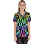 Rainbow Skull Checkerboard Women s V-Neck Scrub Top