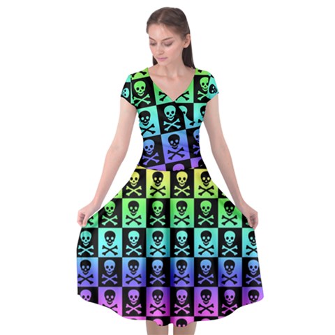 Rainbow Skull Checkerboard Cap Sleeve Wrap Front Dress from ArtsNow.com