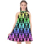 Rainbow Skull Checkerboard Halter Neckline Chiffon Dress 