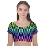 Rainbow Skull Checkerboard Velvet Short Sleeve Crop Top 