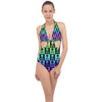Rainbow Skull Checkerboard Halter Front Plunge Swimsuit