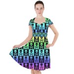Rainbow Skull Checkerboard Cap Sleeve Midi Dress