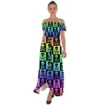 Rainbow Skull Checkerboard Off Shoulder Open Front Chiffon Dress