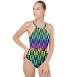 Rainbow Skull Checkerboard High Neck One Piece Swimsuit