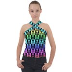 Rainbow Skull Checkerboard Cross Neck Velour Top