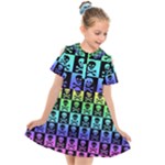 Rainbow Skull Checkerboard Kids  Short Sleeve Shirt Dress