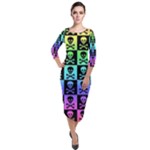 Rainbow Skull Checkerboard Quarter Sleeve Midi Velour Bodycon Dress