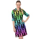 Rainbow Skull Checkerboard Long Sleeve Mini Shirt Dress