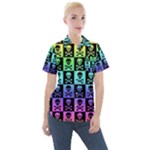 Rainbow Skull Checkerboard Women s Short Sleeve Pocket Shirt