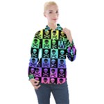 Rainbow Skull Checkerboard Women s Long Sleeve Pocket Shirt