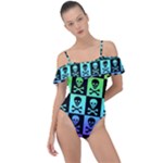 Rainbow Skull Checkerboard Frill Detail One Piece Swimsuit