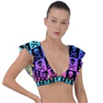 Rainbow Skull Checkerboard Plunge Frill Sleeve Bikini Top