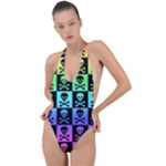 Rainbow Skull Checkerboard Backless Halter One Piece Swimsuit