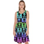Rainbow Skull Checkerboard Knee Length Skater Dress With Pockets