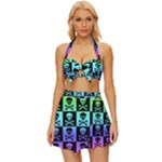 Rainbow Skull Checkerboard Vintage Style Bikini Top and Skirt Set 