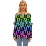 Rainbow Skull Checkerboard Off Shoulder Chiffon Pocket Shirt