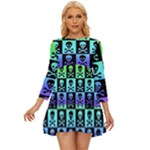 Rainbow Skull Checkerboard Long Sleeve Babydoll Dress