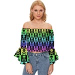 Rainbow Skull Checkerboard Off Shoulder Flutter Bell Sleeve Top