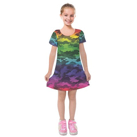 Rainbow Camouflage Kids  Short Sleeve Velvet Dress from ArtsNow.com