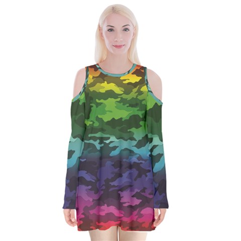 Rainbow Camouflage Velvet Long Sleeve Shoulder Cutout Dress from ArtsNow.com