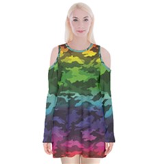 Rainbow Camouflage Velvet Long Sleeve Shoulder Cutout Dress from ArtsNow.com