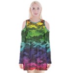 Rainbow Camouflage Velvet Long Sleeve Shoulder Cutout Dress