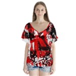 Red Graffiti V-Neck Flutter Sleeve Top