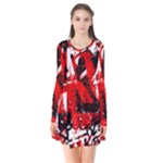 Red Graffiti Long Sleeve V-neck Flare Dress