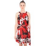 Red Graffiti Halter Collar Waist Tie Chiffon Dress