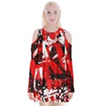 Red Graffiti Velvet Long Sleeve Shoulder Cutout Dress