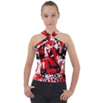 Red Graffiti Cross Neck Velour Top