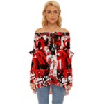 Red Graffiti Off Shoulder Chiffon Pocket Shirt