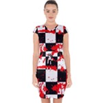 Checkerboard Splatter Capsleeve Drawstring Dress 