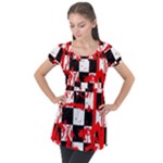 Checkerboard Splatter Puff Sleeve Tunic Top