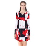 Checkerboard Splatter Long Sleeve V-neck Flare Dress