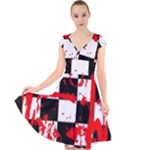 Checkerboard Splatter Cap Sleeve Front Wrap Midi Dress