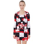 Checkerboard Splatter V-neck Bodycon Long Sleeve Dress