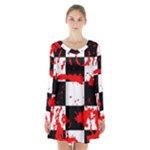 Checkerboard Splatter Long Sleeve Velvet V-neck Dress